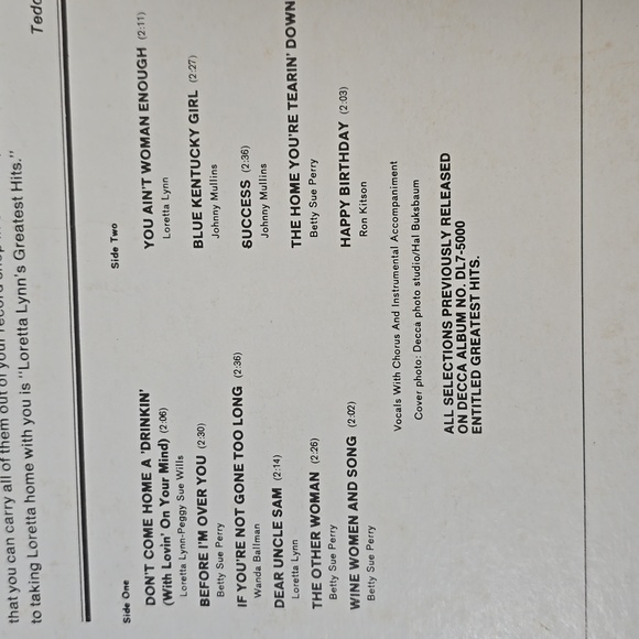 Loretta Lynn's Greatest Hits Vinyl Record Album 1968 MCA Early  Country Hits - Picture 8 of 9